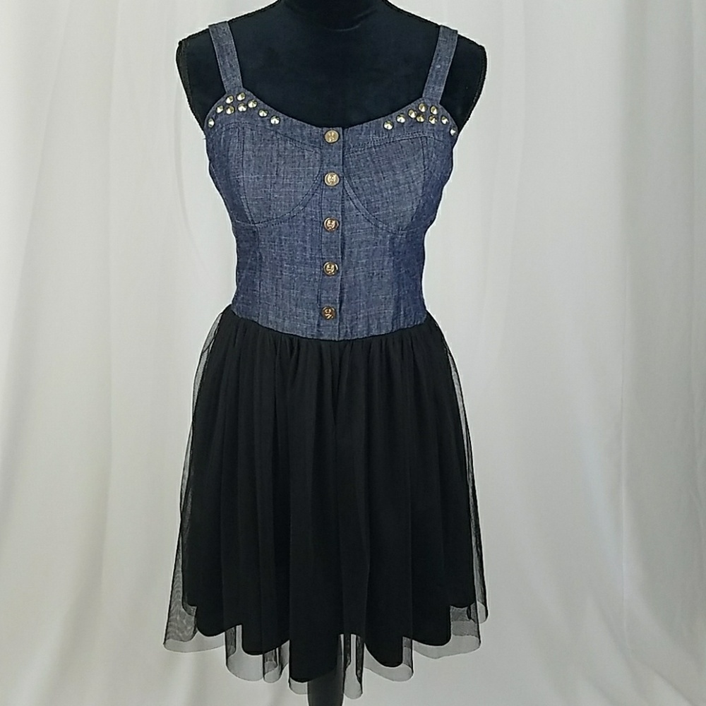 Pripe women M denim tulle sleeveless dress studs‎